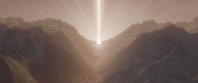 Dawn over the valley: a pillar of light rises from the cursor and the land below is covered in lights.