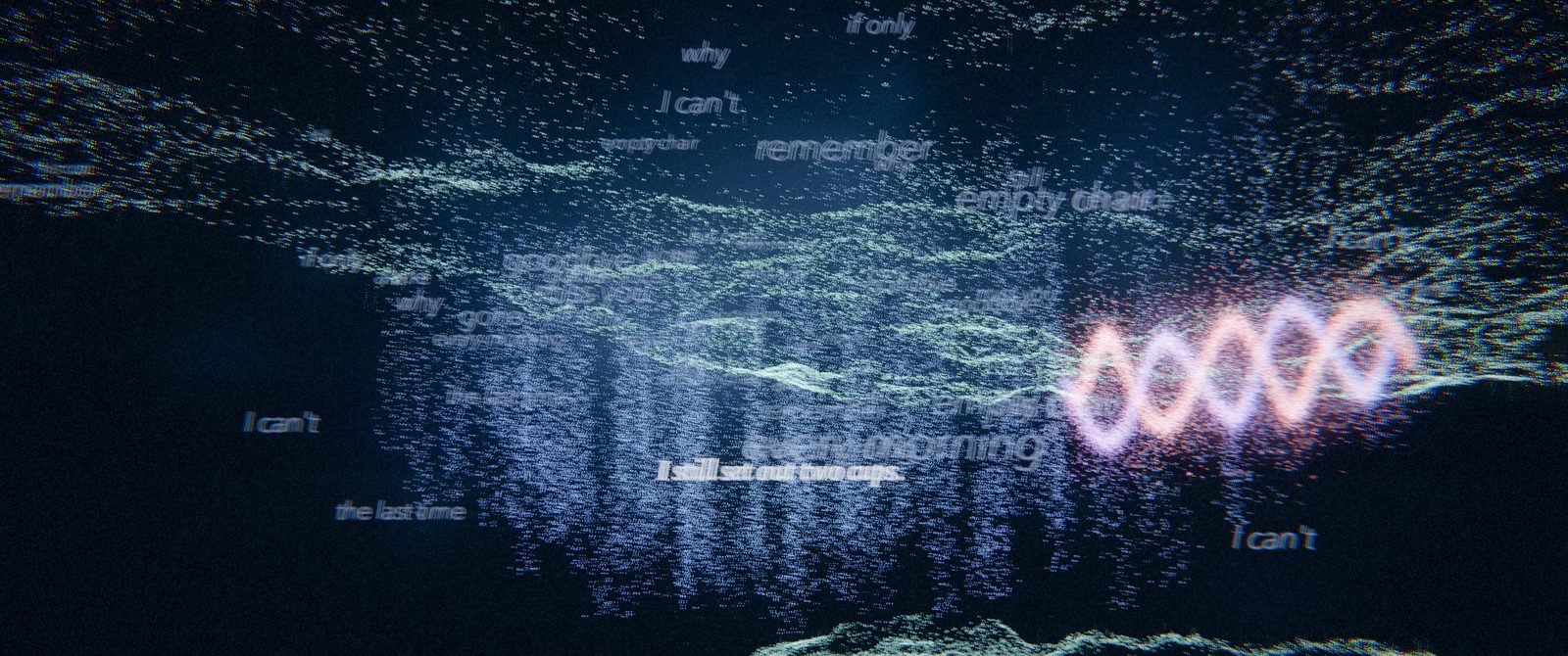 A glow-worm sky over black water; words fall like rain beside a glowing double helix.