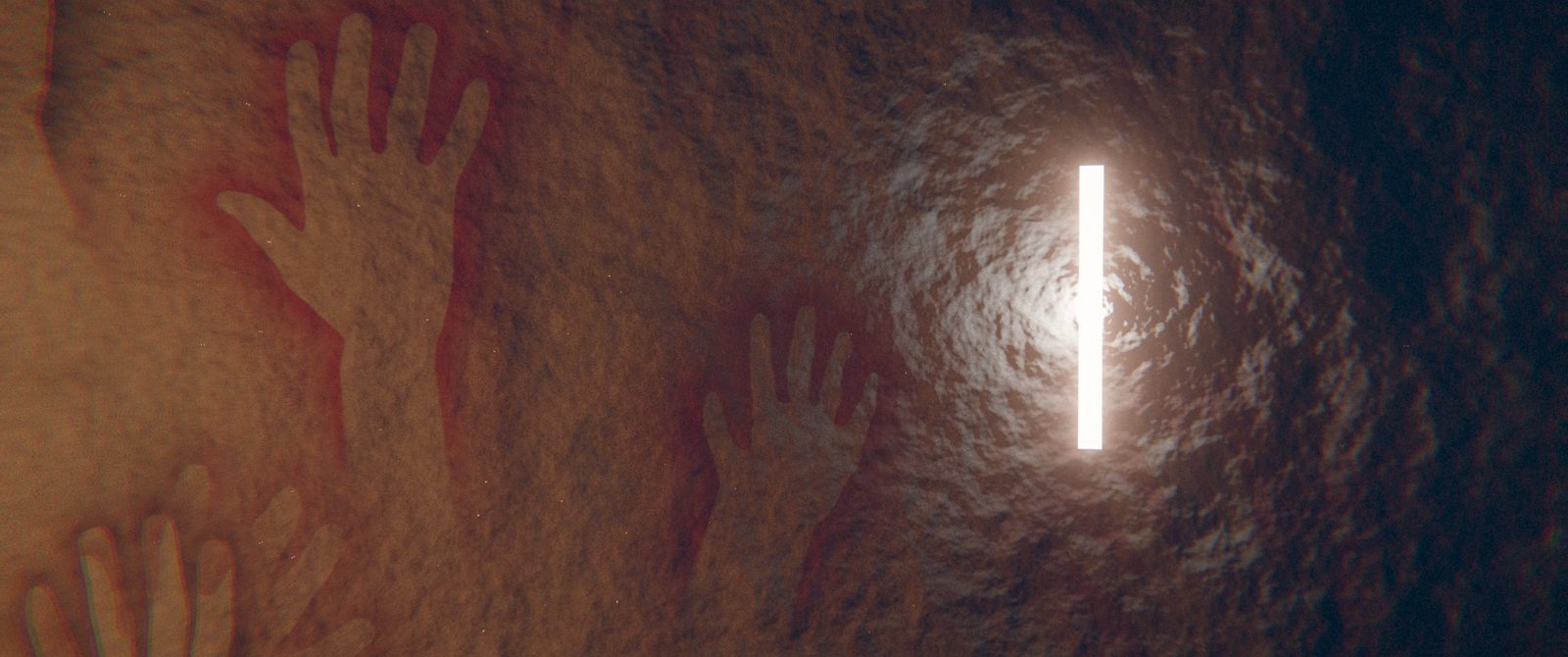 A glowing text cursor in the rock, among ochre hand stencils.