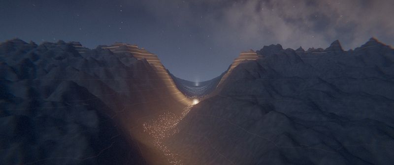 A moonlit valley: a spark of fire runs along a line of lights, kindling the contour lines on the ridges beside it; at the valley's end a small white cursor.